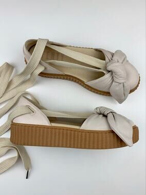 Fenty x Puma Rihanna Bow Creeper Platform Sandals Cream Leather Lace Up Womens 8